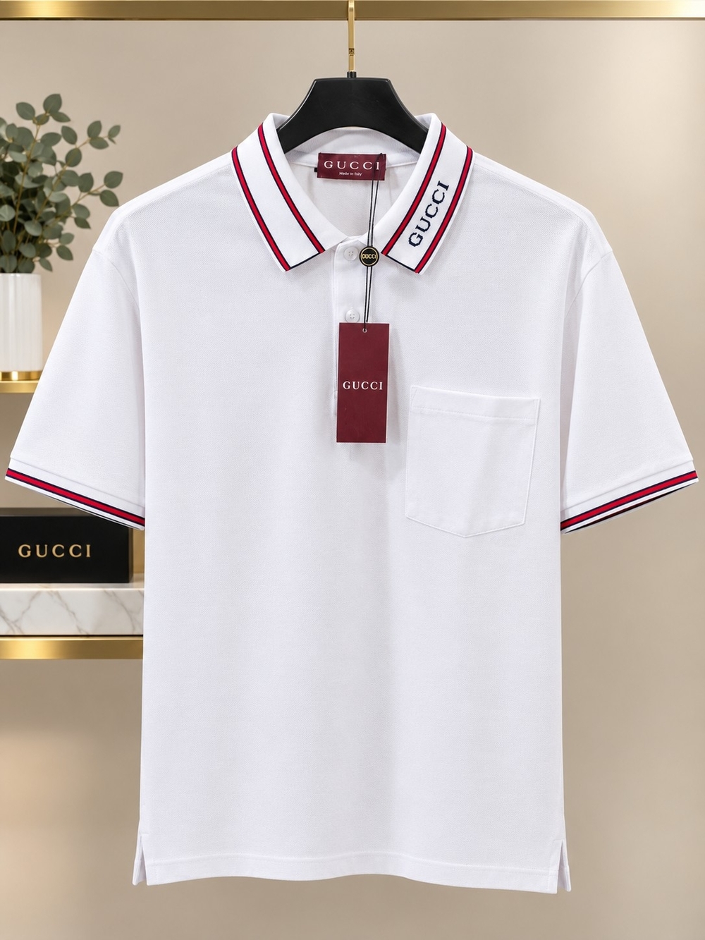 Gucci White Polo with Red-Trim Collar and Sleeve Accents